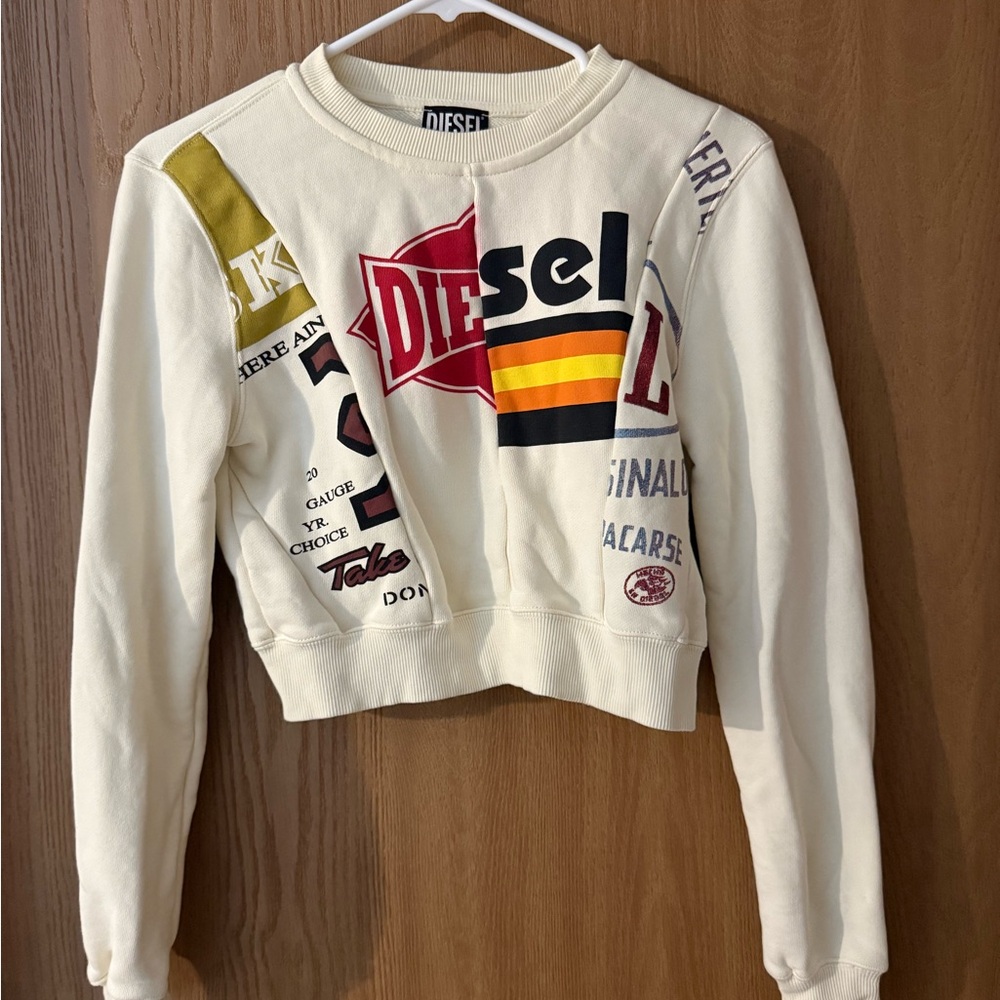 Diesel Off-White Cropped Crewneck sweatshirt with multicolor split logo